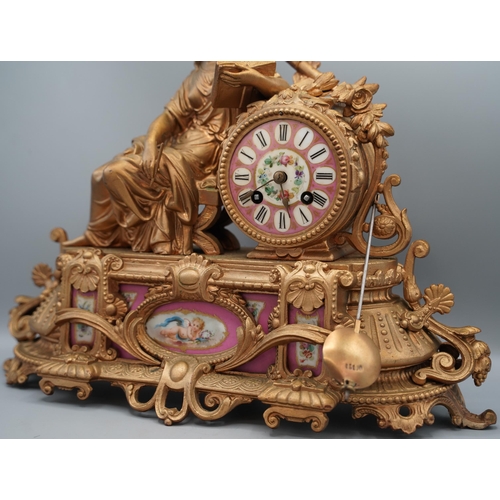 1397 - 19th century French gilt figural Rococo style 8 day mantle clock, drum head case with seated female ... 