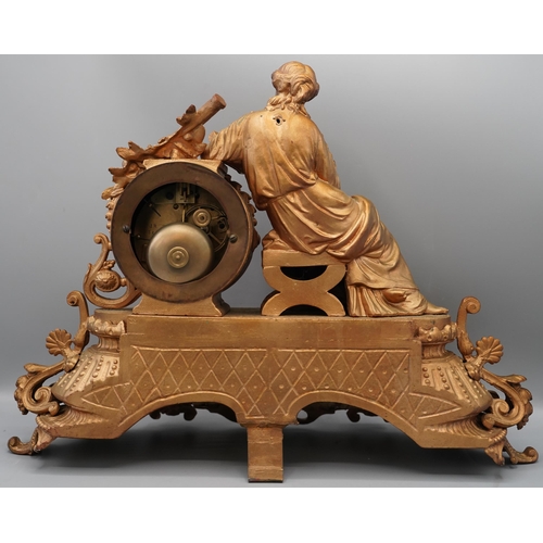 1397 - 19th century French gilt figural Rococo style 8 day mantle clock, drum head case with seated female ... 