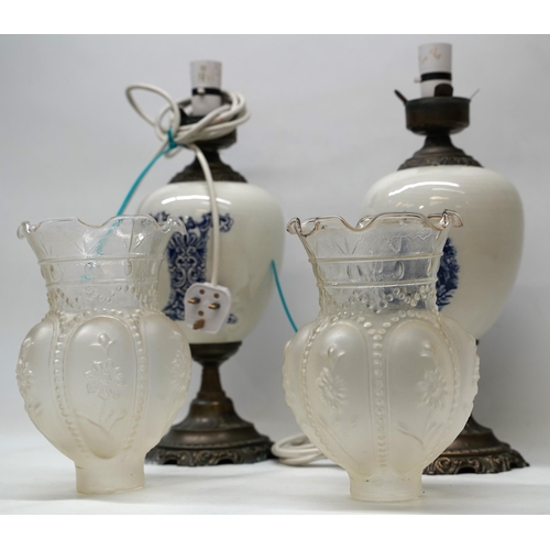 1242 - Pair of 20th century Dutch table lamps, ovoid bodies decorated with Windmills and scrollwork, on tap... 