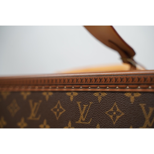 1420 - Louis Vuitton trunk case, brown monogram canvas, rounded leather carrying handle, with gold coloured... 