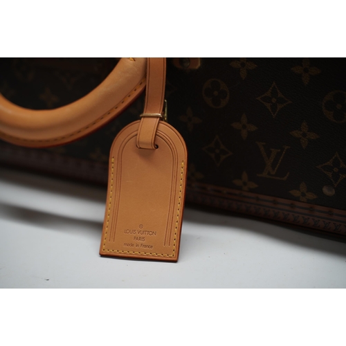 1420 - Louis Vuitton trunk case, brown monogram canvas, rounded leather carrying handle, with gold coloured... 