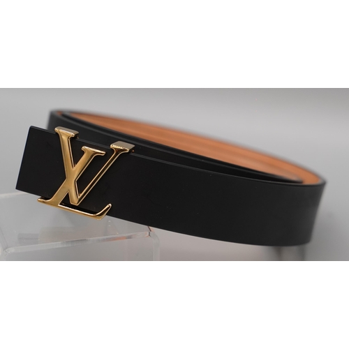 1426 - Louis Vuitton 30mm black leather belt with LV gold coloured hardware buckle, size 95/38, serial numb... 