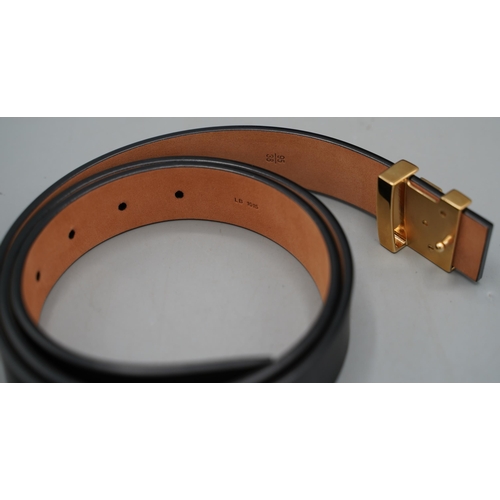 1426 - Louis Vuitton 30mm black leather belt with LV gold coloured hardware buckle, size 95/38, serial numb... 