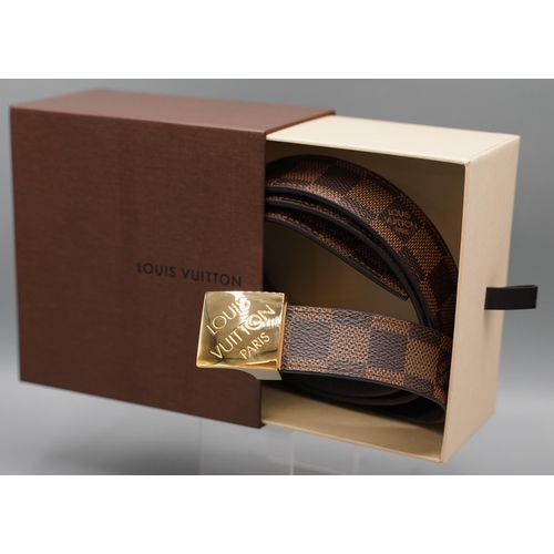 1428 - Louis Vuitton 30mm belt in brown check canvas with gold coloured square buckle with engraved brandin... 