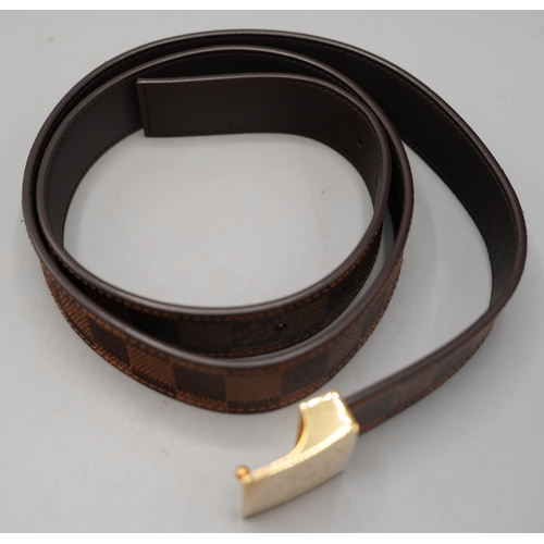 1428 - Louis Vuitton 30mm belt in brown check canvas with gold coloured square buckle with engraved brandin... 