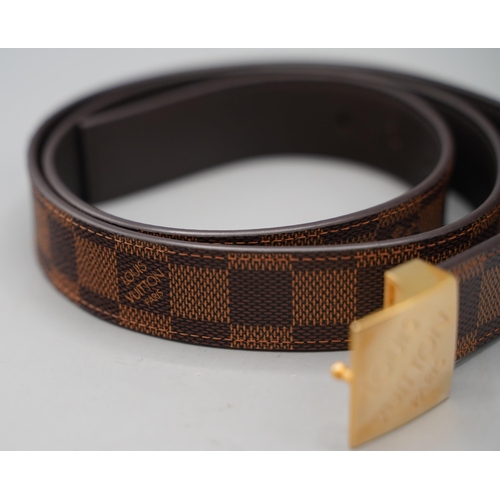 1428 - Louis Vuitton 30mm belt in brown check canvas with gold coloured square buckle with engraved brandin... 