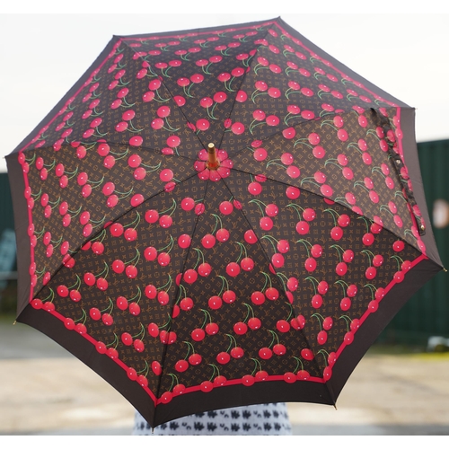 1429 - Louis Vuitton X Takashi Murakami cherry monogram umbrella with leather handle and gold coloured hard... 