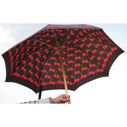 1429 - Louis Vuitton X Takashi Murakami cherry monogram umbrella with leather handle and gold coloured hard... 