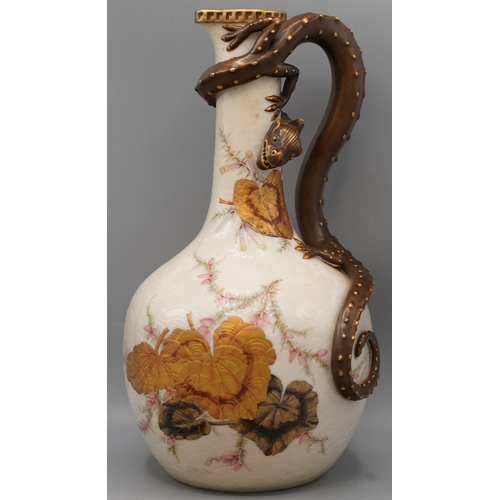 1161 - Royal Worcester ewer, ivory scaled painted with green and gilt leaves, flowers, with a wraparound gi... 