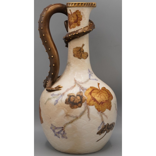 1161 - Royal Worcester ewer, ivory scaled painted with green and gilt leaves, flowers, with a wraparound gi... 