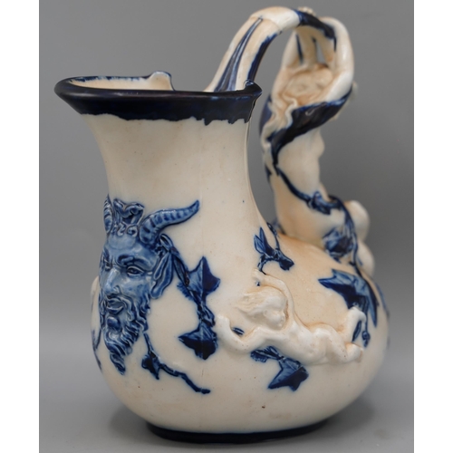 1177 - Minton Majolica flow blue and white 'Askos' wine jug, shape 1420, with mermaid handle, moulded with ... 