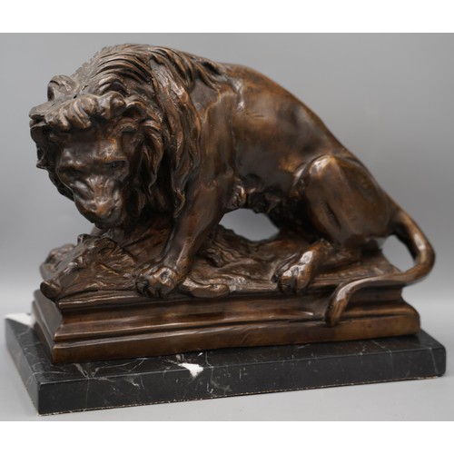 1227 - Follower of Antoine-Louis Barye, patinated bronze model of a lion and boar, on rectangular base and ... 