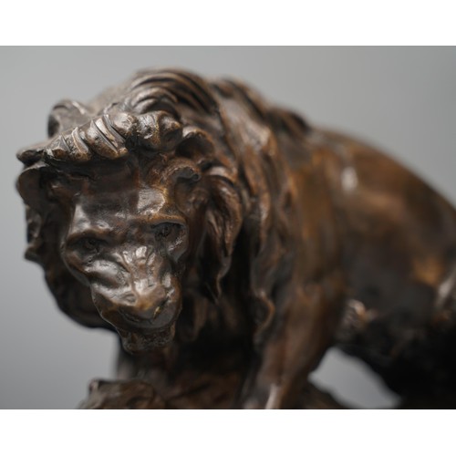 1227 - Follower of Antoine-Louis Barye, patinated bronze model of a lion and boar, on rectangular base and ... 