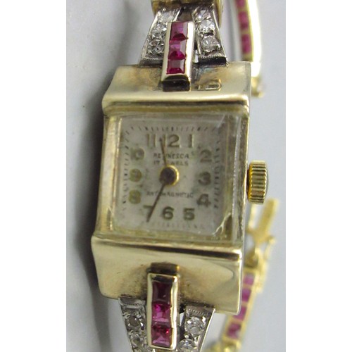 1015 - Petinesca ladies 18ct yellow gold wristwatch on integrated bracelet set with diamonds and rubies, st... 