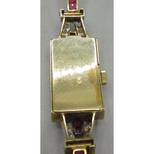 1015 - Petinesca ladies 18ct yellow gold wristwatch on integrated bracelet set with diamonds and rubies, st... 