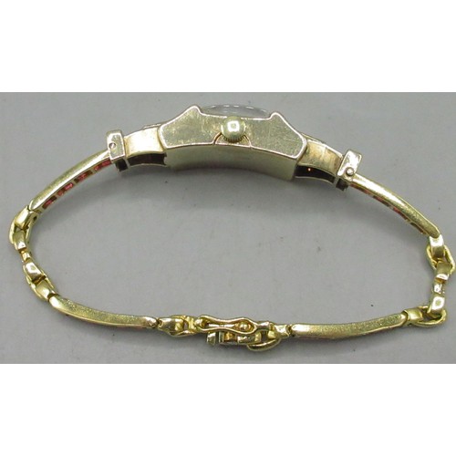 1015 - Petinesca ladies 18ct yellow gold wristwatch on integrated bracelet set with diamonds and rubies, st... 