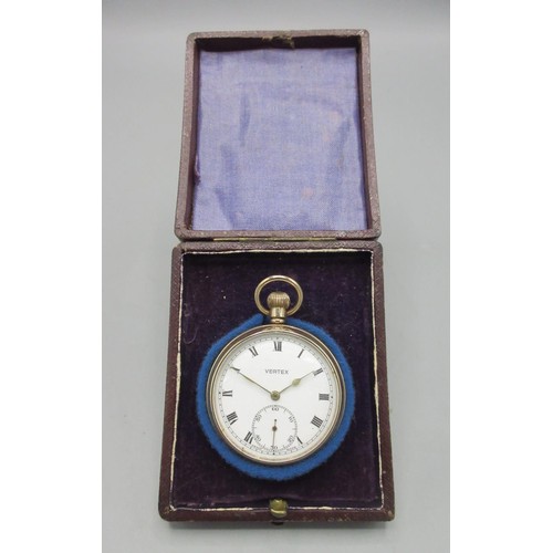 1053 - Vertex 9ct gold keyless pocket watch, signed white enamel Roman dial, subsidiary seconds, E.W.C. Co.... 