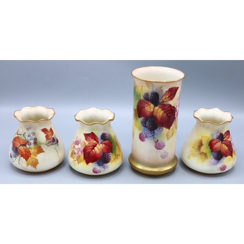 1160 - Collection of Royal Worcester vases painted with leaves and berries, comprising one cylindrical vase... 