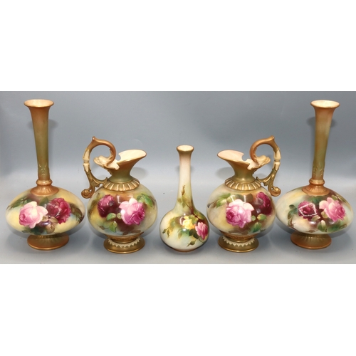 1150 - Collection of Royal Worcester porcelain decorated with roses, comprising pair of tall necked vases, ... 