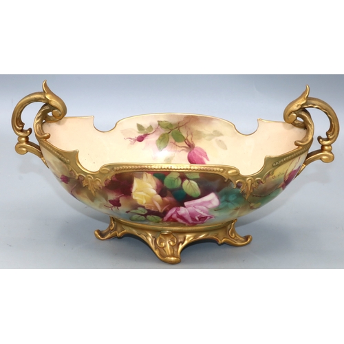 1166 - Royal Worcester boat shaped two-handled flower trough, painted by R. Austin, decorated with English ... 