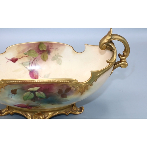 1166 - Royal Worcester boat shaped two-handled flower trough, painted by R. Austin, decorated with English ... 