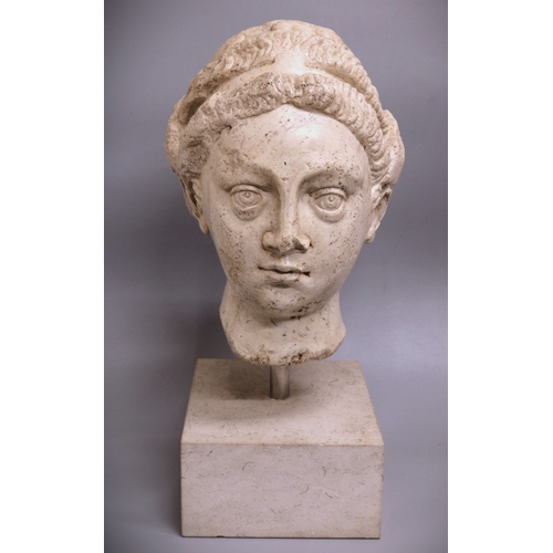 1260 - Roman white marble head of a Noble Woman, 3rd-4th century A.D, hair swept off forehead, braided and ... 