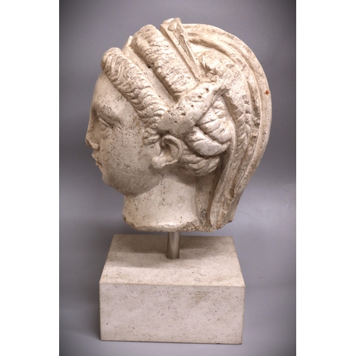 1260 - Roman white marble head of a Noble Woman, 3rd-4th century A.D, hair swept off forehead, braided and ... 