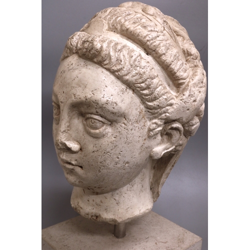 1260 - Roman white marble head of a Noble Woman, 3rd-4th century A.D, hair swept off forehead, braided and ... 