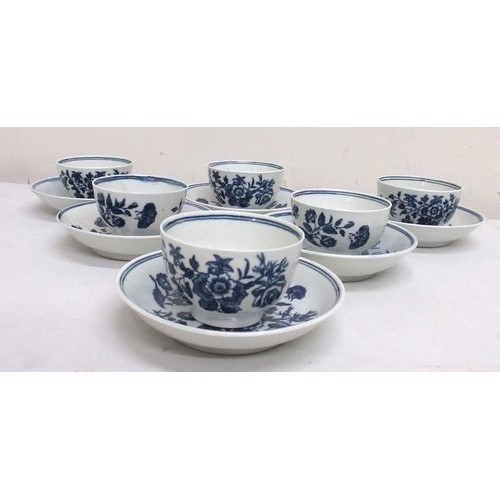 1153 - Six Worcester first period 'Three Flowers' tea bowls and saucers, with blue crescent marks c. 1776-1... 