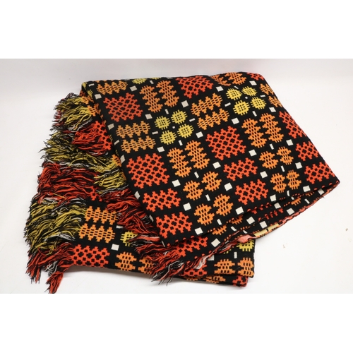 1418 - Vintage black, orange and yellow geometric pattern Welsh woolen blanket, 230cm x 240cm