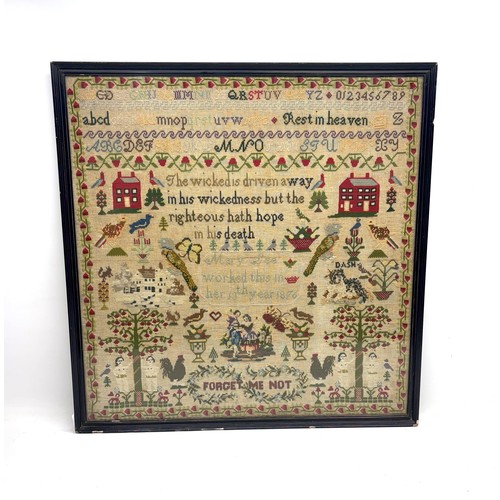 1417 - Victorian needlework sampler by 13 year old Mary Lee, 1876, with central biblical verse, Proverb 14:... 