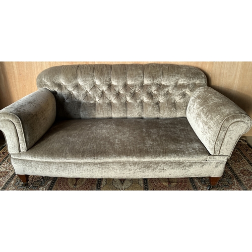 1565 - Victorian Chesterfield sofa with deep buttoned back, reupholstered in crushed grey velvet, on turned... 