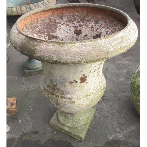 1704 - Cast iron garden urn, with folded rim on socle and square base, W55cm D55cm H73cm