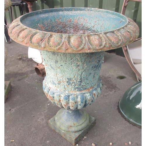 1690 - Cast iron garden urn, part lobed body and rim on socle support and square base, W54cm D54cm H65cm