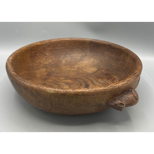 1459 - Robert Mouseman Thompson - adzed oak circular fruit bowl, carved with signature mouse, D23.5cm