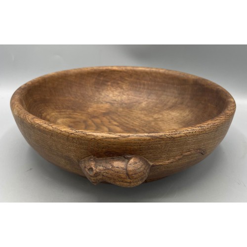 1459 - Robert Mouseman Thompson - adzed oak circular fruit bowl, carved with signature mouse, D23.5cm