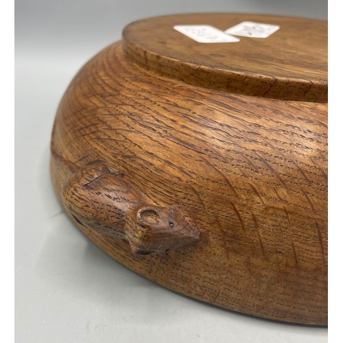 1459 - Robert Mouseman Thompson - adzed oak circular fruit bowl, carved with signature mouse, D23.5cm