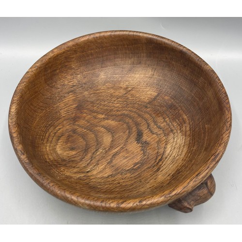 1459 - Robert Mouseman Thompson - adzed oak circular fruit bowl, carved with signature mouse, D23.5cm