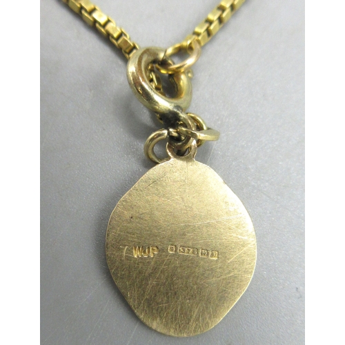 11 - 18ct yellow gold box chain necklace, stamped 750 (clasp not stamped, with attached 9ct St Christophe... 