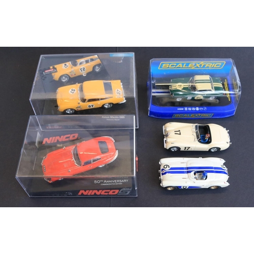 64 - Five 1/32 scale slot car models to include boxed Scalextric C3631 MGB No.21 MGCC BCV8 Championship, ... 