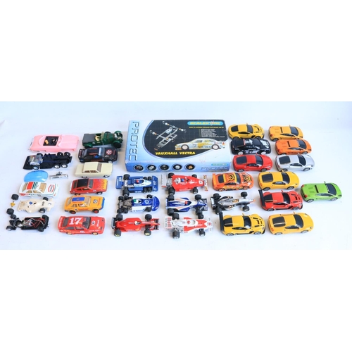 66 - Collection of previously run 1/32 scale slot car models from Scalextric and Polistil to include a bu... 