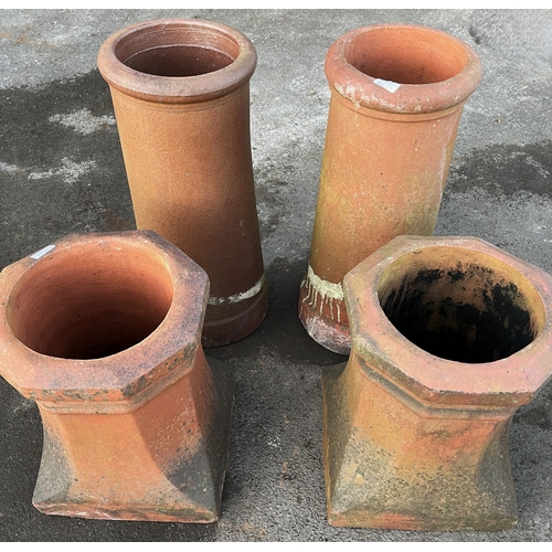 1709 - Pair of octagonal terracotta chimney pots, and a pair of Canon barrel chimney pots, H61cm max (4)