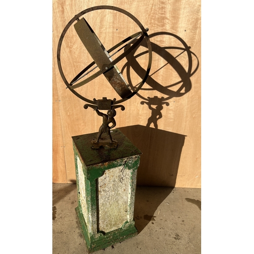 1712 - Cast metal sundial with figural support on cast iron plinth, W31cm D31cm H140cm (2)