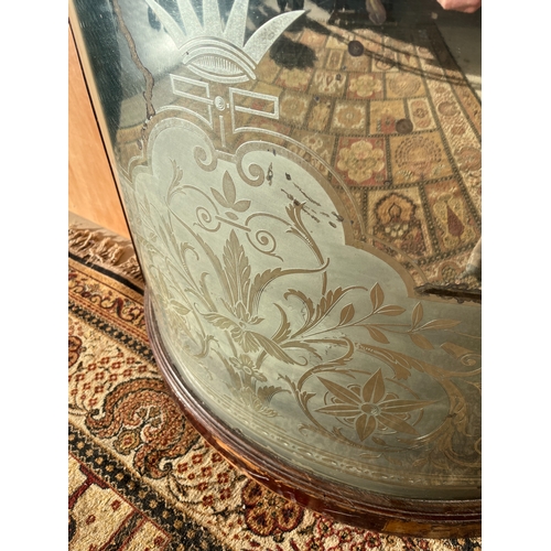 1238 - Victorian bow front public house mirror, decorated with crowned scrolls and foliage in a repeating g... 