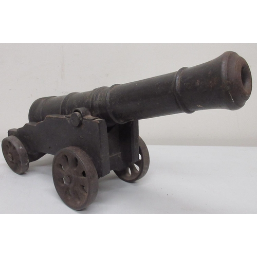 1365 - Victorian cast metal model cannon, 39cm staged barrel on wooden carriage and iron wheels, 40cm overa... 