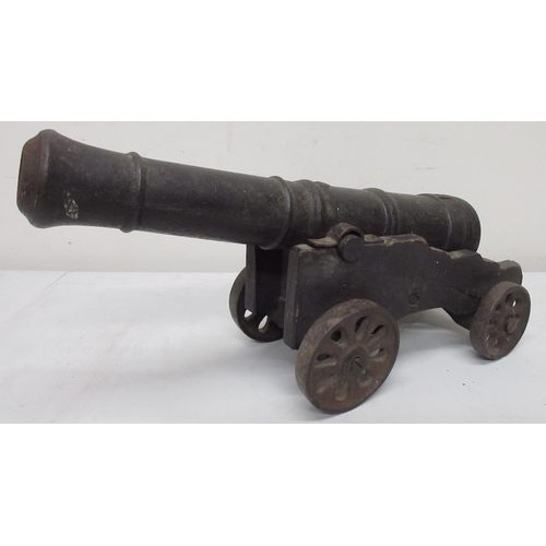 1365 - Victorian cast metal model cannon, 39cm staged barrel on wooden carriage and iron wheels, 40cm overa... 