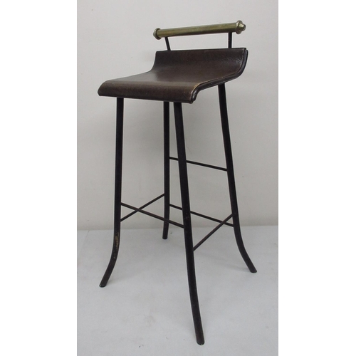 1595 - Early 20th century bar/machinist stool, shaped rexine seat with brass back rail on metal supports, H... 