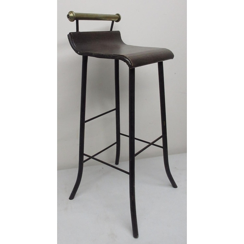 1595 - Early 20th century bar/machinist stool, shaped rexine seat with brass back rail on metal supports, H... 