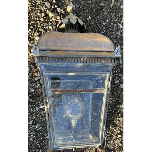 1686 - Large copper tapered square four glass outdoor lamp, with domed top and chimney with floral finial, ... 