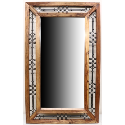 1239 - Wall mirror, rectangular plate in reeded frame with wrought metal pierced detail, W71cm H116cm